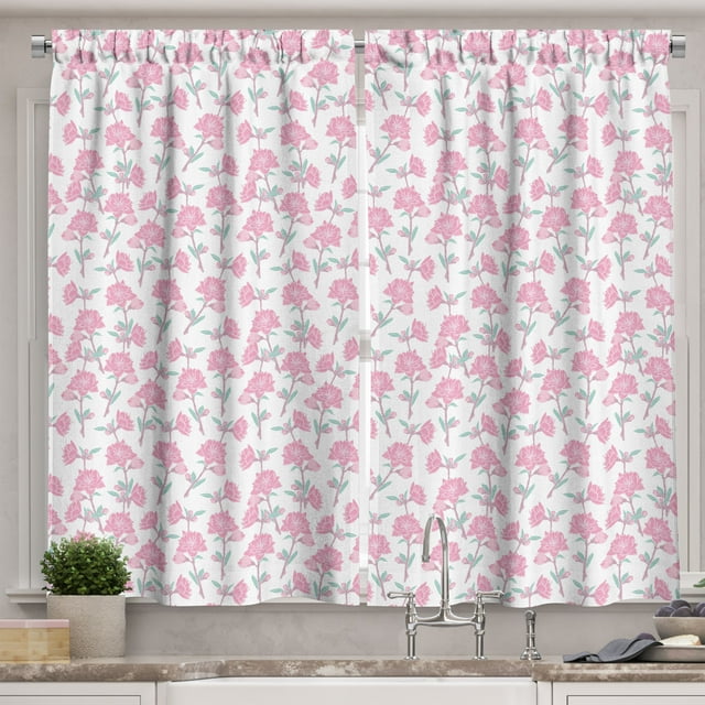 Ambesonne Rose Kitchen Curtains, Tender Spring Flourish, 55"x39", Dried Rose Seafoam