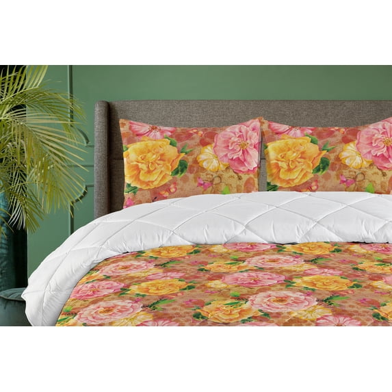 Ambesonne Rose Pattern Down Alternative Quilt Comforter, Flowers Nature Print, Twin, Pale Pink Mustard