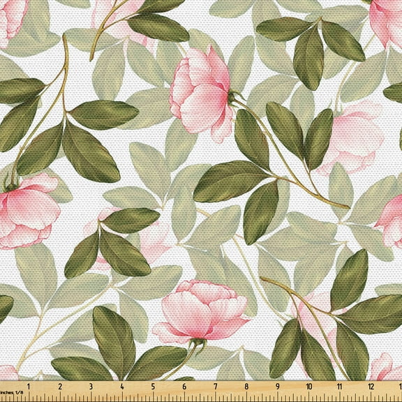 Ambesonne Rose Pattern Fabric by the Yard Upholstery, Art Romantic Flowers, 3 Yards, Olive Green Pale Pink