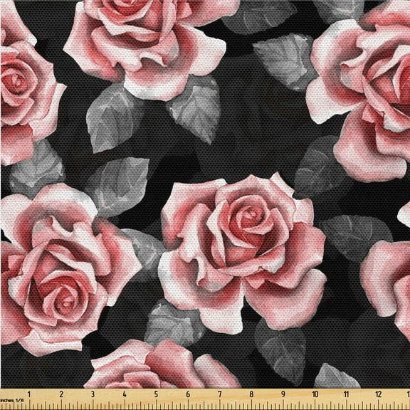Ambesonne Rose Pattern Fabric by the Yard Upholstery, Jungle Design Floral, 1 Yard, Pale Pink Pale Grey