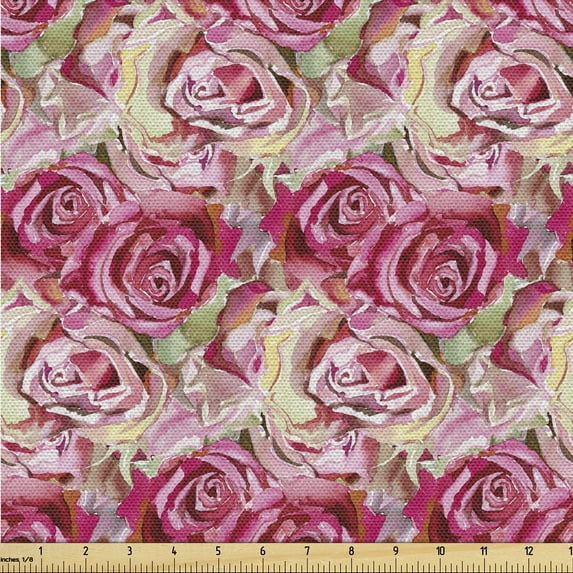Ambesonne Rose Pattern Fabric by the Yard Upholstery, Vintage Garden Flowers, 1 Yard, Dark Coral Pale Pink