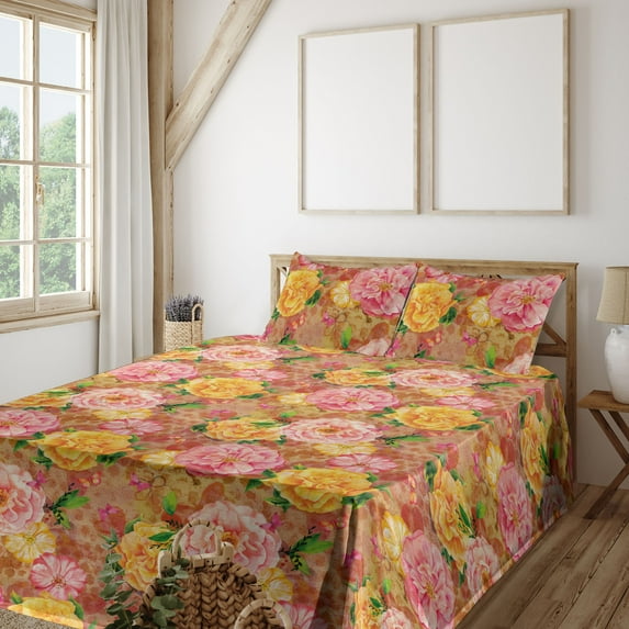 Ambesonne Rose Pattern Fitted & Flat Sheet with Shams 4 Pcs Set, Flowers Nature Print, Calking, Pale Pink Mustard