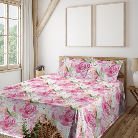 Ambesonne Rose Pattern Fitted & Flat Sheet with Shams 4 Pcs Set, Retro Romantic Floral, Full, Hot Pink Pistachio Green