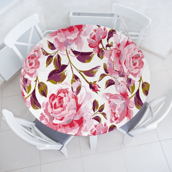 Ambesonne Rose Pattern Fitted Round Tablecloth, Dreamy Peduncle Bloom, 36"- 40" Diameter, Pastel Pink Indigo and White