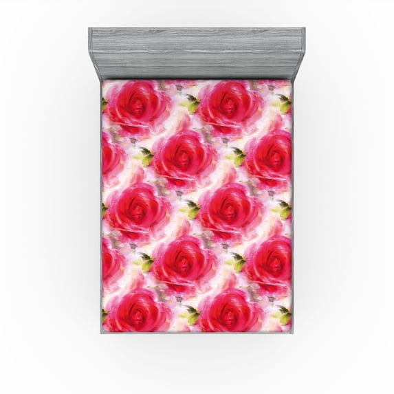 Ambesonne Rose Pattern Fitted Sheet, Abstract Floral Design, California King, Dark Coral Pale Pink