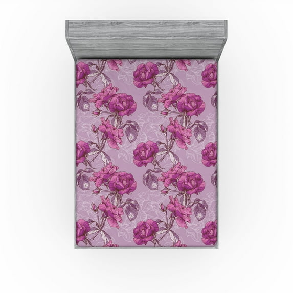 Ambesonne Rose Pattern Fitted Sheet, Floral Romantic Art, California King, Dark Magenta Pale Lilac