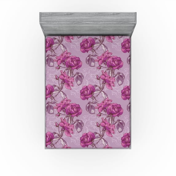 Ambesonne Rose Pattern Fitted Sheet, Floral Romantic Art, Full Size, Dark Magenta Pale Lilac