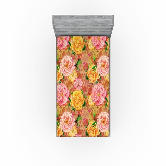 Ambesonne Rose Pattern Fitted Sheet, Flowers Nature Print, Twin Size, Pale Pink Mustard