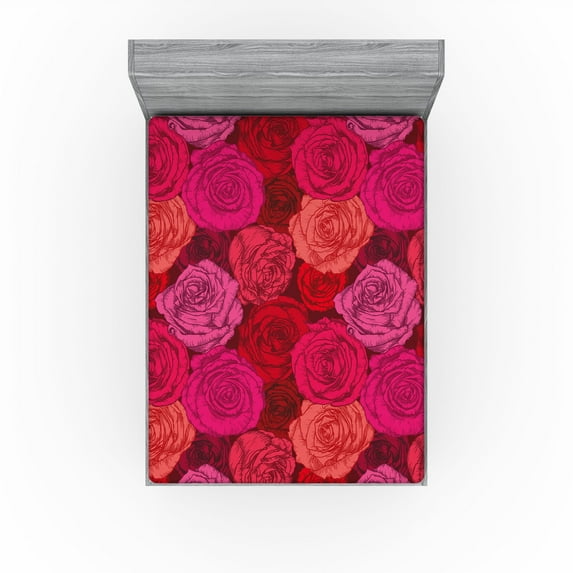 Ambesonne Rose Pattern Fitted Sheet, Flowers Spring Boho, California King, Hot Pink Coral Maroon