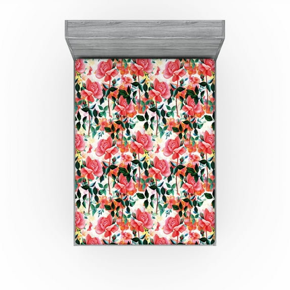 Ambesonne Rose Pattern Fitted Sheet, Garden of Romance Leaf, Queen Size, Pastel Pink Hunter Green