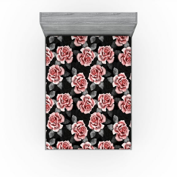 Ambesonne Rose Pattern Fitted Sheet, Jungle Design Floral, California King, Pale Pink Pale Grey