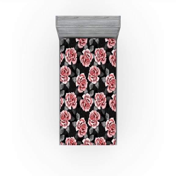 Ambesonne Rose Pattern Fitted Sheet, Jungle Design Floral, Twin XL Size, Pale Pink Pale Grey
