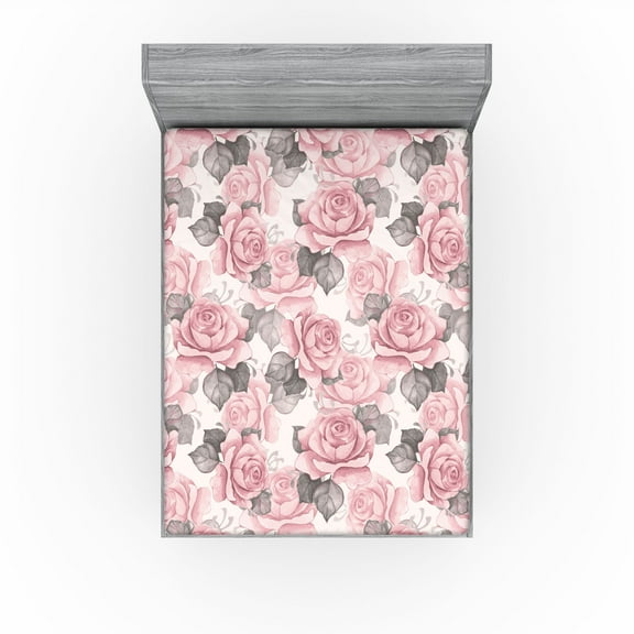 Ambesonne Rose Pattern Fitted Sheet, Soft Aquarelle Floral, King Size, Pale Pink Taupe Grey