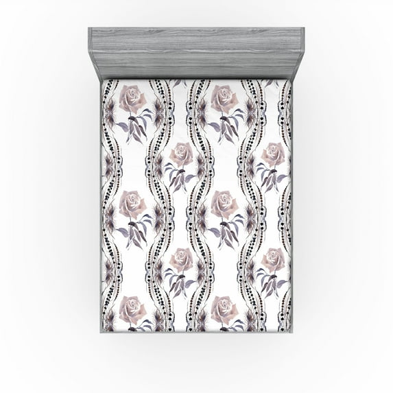 Ambesonne Rose Pattern Fitted Sheet, Vintage Jungle Floral, California King, Purpleblue and Warm Taupe