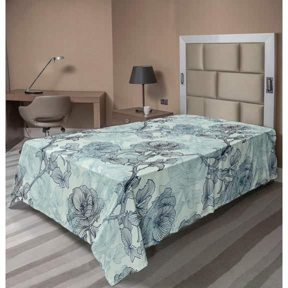 Ambesonne Rose Pattern Flat Bedding Sheet Soft Top Sheet, Bohemian Forest Print, Twin, Almond Green Seafoam