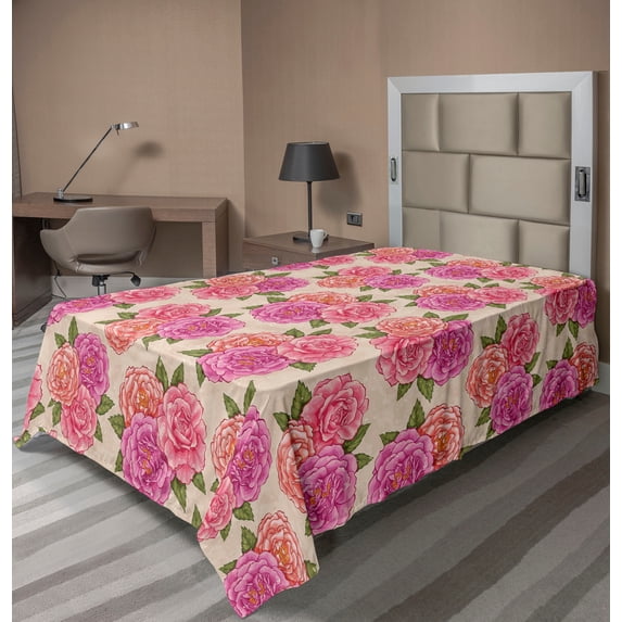 Ambesonne Rose Pattern Flat Bedding Sheet Soft Top Sheet, Garden Leafy Pattern, Twin, Fern Green Soft Pink
