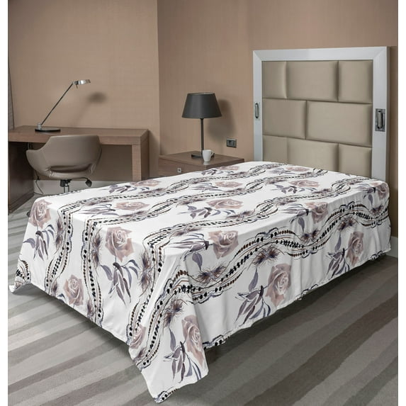Ambesonne Rose Pattern Flat Bedding Sheet Soft Top Sheet, Vintage Jungle Floral, Twin, Purpleblue and Warm Taupe
