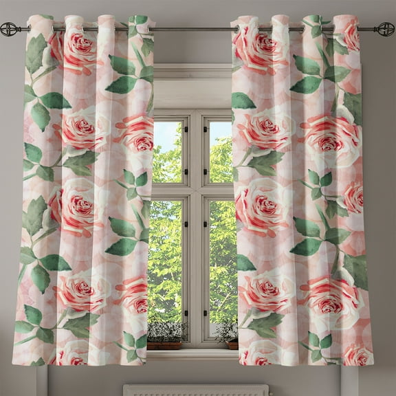 Ambesonne Rose Pattern Grommet Curtain, Flowers Boho Feelings, 50"x63", Pale Pink Reseda Green