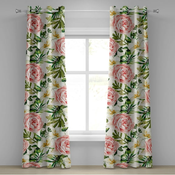 Ambesonne Rose Pattern Grommet Curtain, Romantic Botany Print, 50"x96", Olive Green Coral White