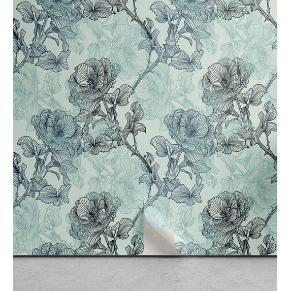 Ambesonne Rose Pattern Peel & Stick Wallpaper for Home, Bohemian Forest Print, 13"x36", Almond Green Seafoam