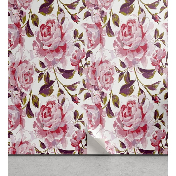 Ambesonne Rose Pattern Peel & Stick Wallpaper for Home, Dreamy Peduncle Bloom, 13"x100", Pastel Pink Indigo and White