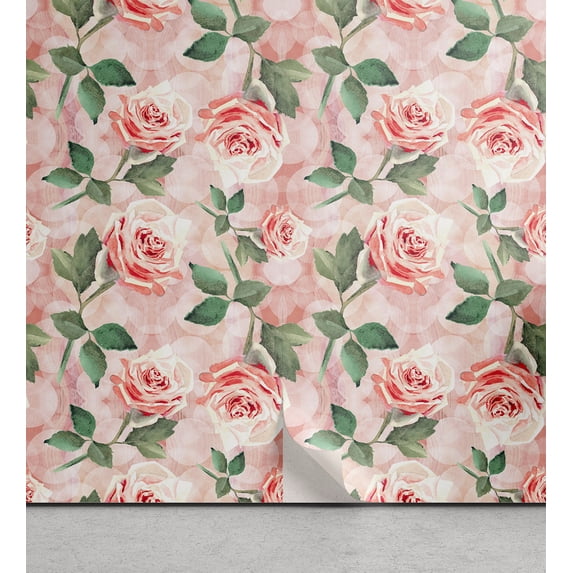 Ambesonne Rose Pattern Peel & Stick Wallpaper for Home, Flowers Boho Feelings, 13"x100", Pale Pink Reseda Green