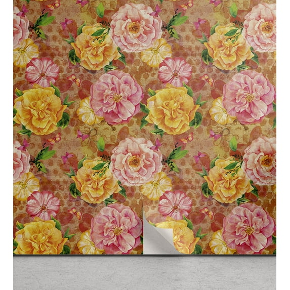 Ambesonne Rose Pattern Peel & Stick Wallpaper for Home, Flowers Nature Print, 13"x100", Pale Pink Mustard