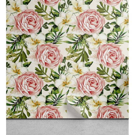 Ambesonne Rose Pattern Peel & Stick Wallpaper for Home, Romantic Botany Print, 13"x72", Olive Green Coral White