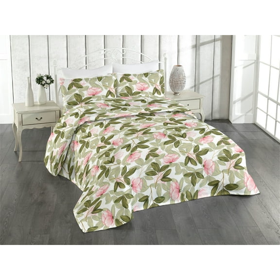 Ambesonne Rose Pattern Quilted Bedspread Set 3 Pcs, Art Romantic Flowers, Twin, Olive Green Pale Pink