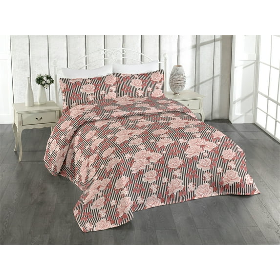 Ambesonne Rose Pattern Quilted Bedspread Set 3 Pcs, Boho Autumnal Flowers, Twin, Pale Pink Cinnamon Blush