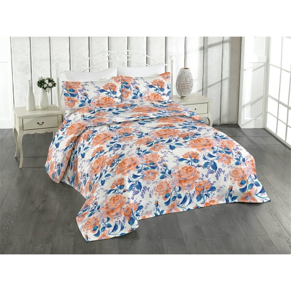 Ambesonne Rose Pattern Quilted Bedspread Set 3 Pcs, Fantasy Dreamy Flowers, Twin, Pale Vermilion Dark Blue