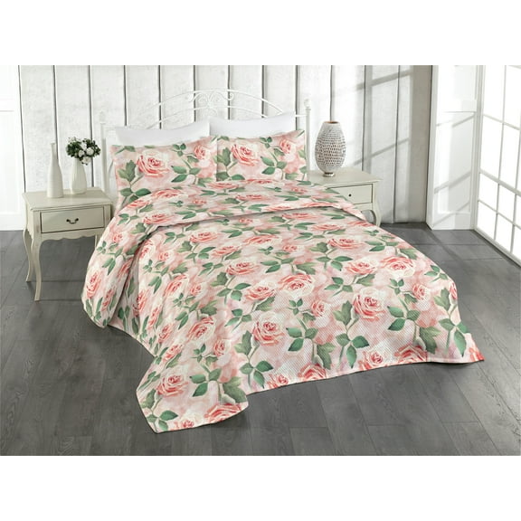 Ambesonne Rose Pattern Quilted Bedspread Set 3 Pcs, Flowers Boho Feelings, Queen, Pale Pink Reseda Green