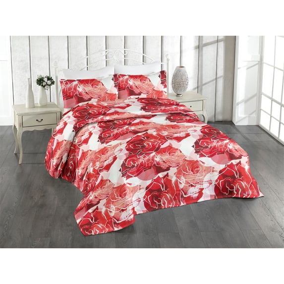 Ambesonne Rose Pattern Quilted Bedspread Set 3 Pcs, Fractal Flowers Retro, Queen, Dark Pink Blush White