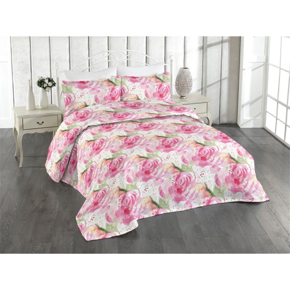 Ambesonne Rose Pattern Quilted Bedspread Set 3 Pcs, Retro Romantic Floral, Twin, Hot Pink Pistachio Green