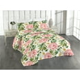thumbnail image 1 of Ambesonne Rose Pattern Quilted Bedspread Set 3 Pcs, Romantic Botany Print, King, Olive Green Coral White, 1 of 4