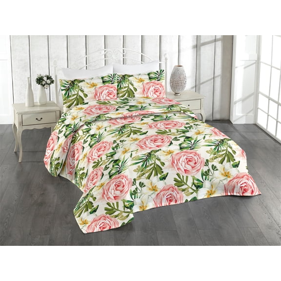 Ambesonne Rose Pattern Quilted Bedspread Set 3 Pcs, Romantic Botany Print, Twin, Olive Green Coral White