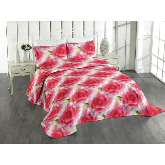 Ambesonne Rose Pattern Quilted Coverlet 3 Pcs, Abstract Floral Design, Queen Size, Dark Coral Pale Pink