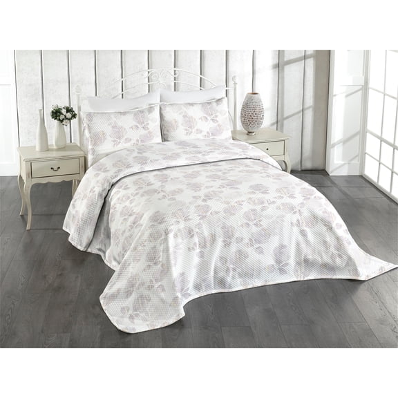 Ambesonne Rose Pattern Quilted Coverlet 3 Pcs, Flowers Boho Leaves, Queen Size, Blue Grey Champagne