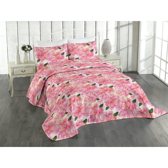 Ambesonne Rose Pattern Quilted Coverlet 3 Pcs, Print of Boho Floral, King Size, Hot Pink Hunter Green