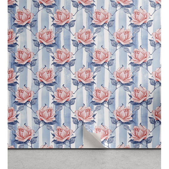 Ambesonne Rose Peel & Stick Wallpaper for Home, Cottagecore Peachy Flowers, 13"x36", Salmon Dark Ceil Blue