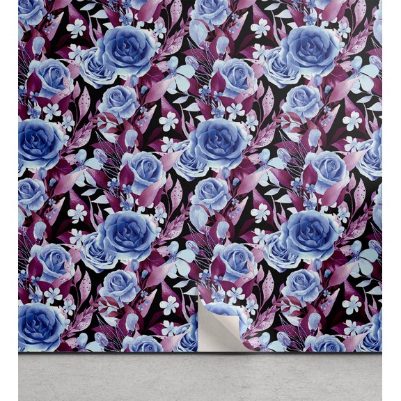 Ambesonne Rose Peel & Stick Wallpaper for Home, Leafy Jungle Flowers Romance, 13"x36", Sky Blue Plum
