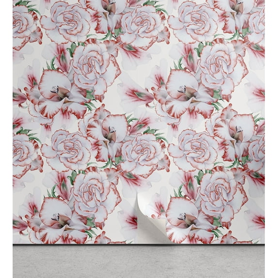 Ambesonne Rose Peel & Stick Wallpaper for Home, Peony Flowers Leaves Farmhouse, 13"x100", Raspberry Green Pale Blue