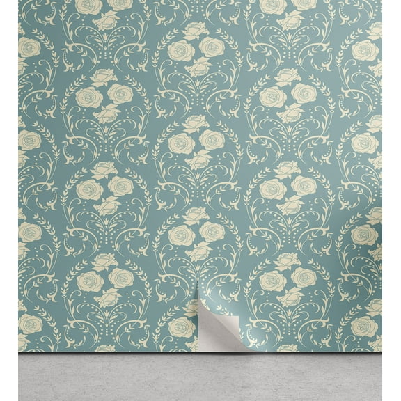 Ambesonne Rose Peel & Stick Wallpaper for Home, Swirling Leaf Stems Wreath, 13"x36", Off White and Pale Teal