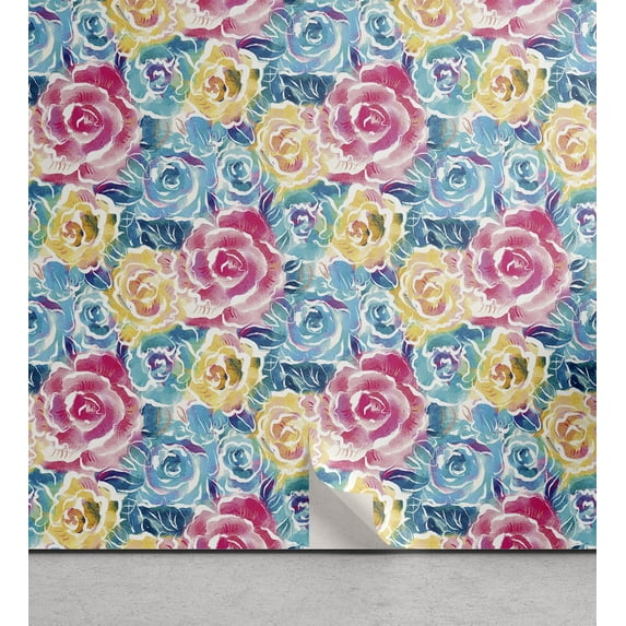 Ambesonne Rose Peel & Stick Wallpaper for Home, Tender Flowery Farmhouse Print, 13"x100", Blue Earth Yellow Magenta