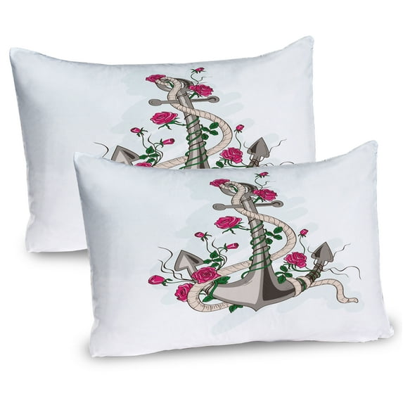Ambesonne Rose Pillow Sham 2 Pack, Romantic Sea Anchor, 36"x20", Hot Pink Green Taupe