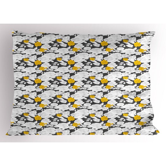 Ambesonne Rose Pillow Sham, Hand Drawn Blossoms, 26" X 20", Charcoal Grey Yellow
