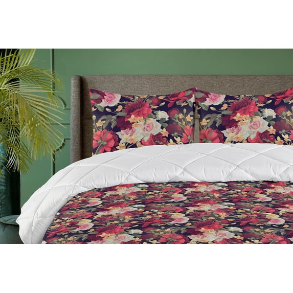 Ambesonne Rose Print Down Alternative Quilt Comforter, Delicate Flowers Scene, Twin XL, Dark Coral Mustard Rose