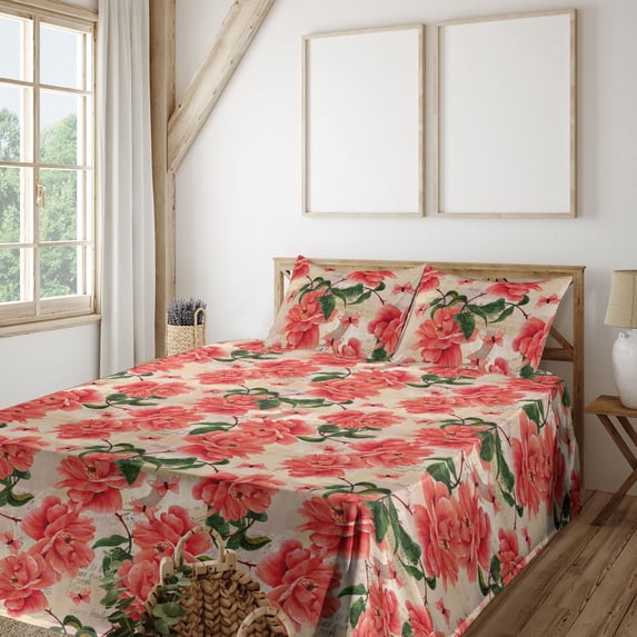 Ambesonne Rose Print Fitted & Flat Sheet with Sham 3 Pcs Set, English Flowers Romantic, Twin, Dark Coral Forest Green