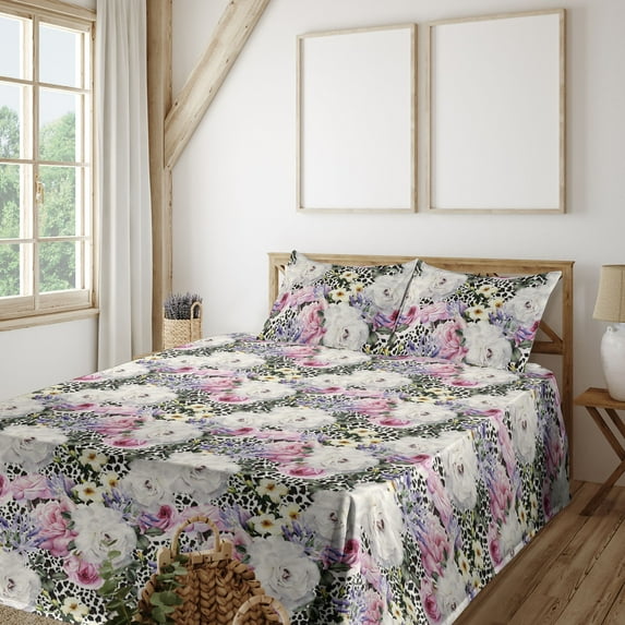 Ambesonne Rose Print Fitted & Flat Sheet with Sham 3 Pcs Set, Vintage Flowers Leaves, Twin, Peacock Green Off White