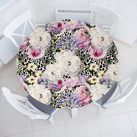 Ambesonne Rose Print Fitted Round Tablecloth, Vintage Flowers Leaves, 45"- 56" Diameter, Peacock Green Off White